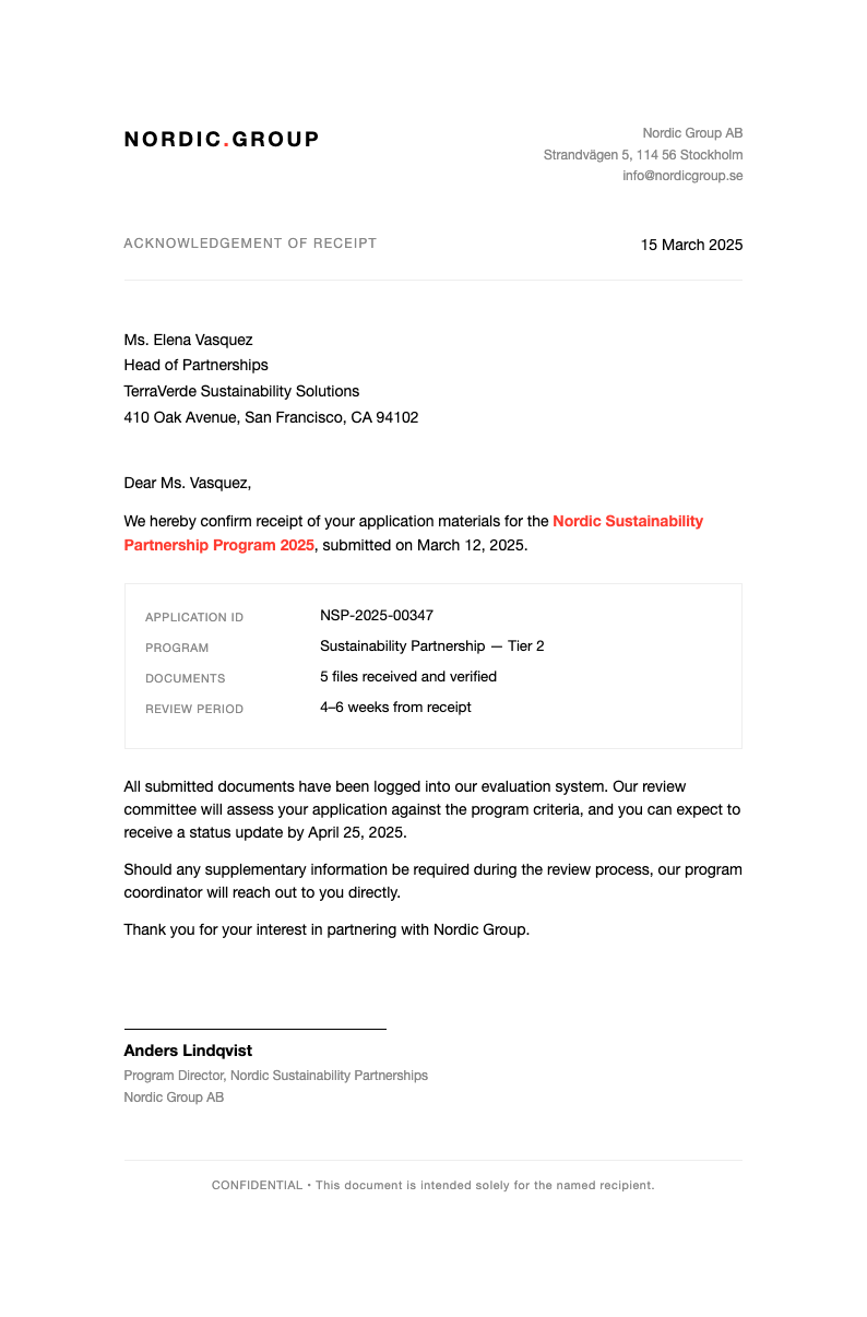 Modern minimal acknowledgement letter